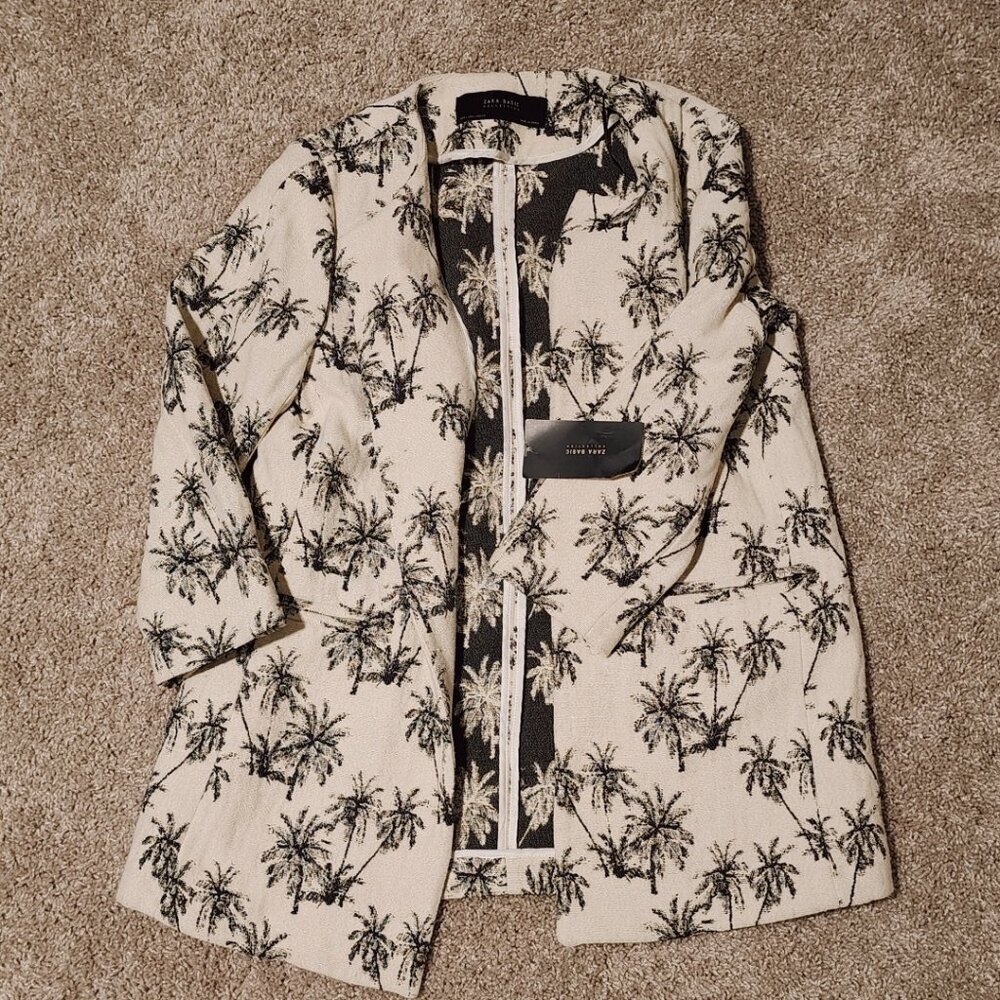 Zara Basic Collection Ivory Black Palm Tree Jacquard jacket blazer size large